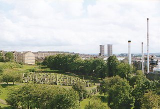 Looking south from the Necropolis and to the Tennent Caledonian Brewery.